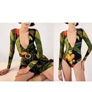 Farm Rio Bodysuit Long Sleeve Deep V
